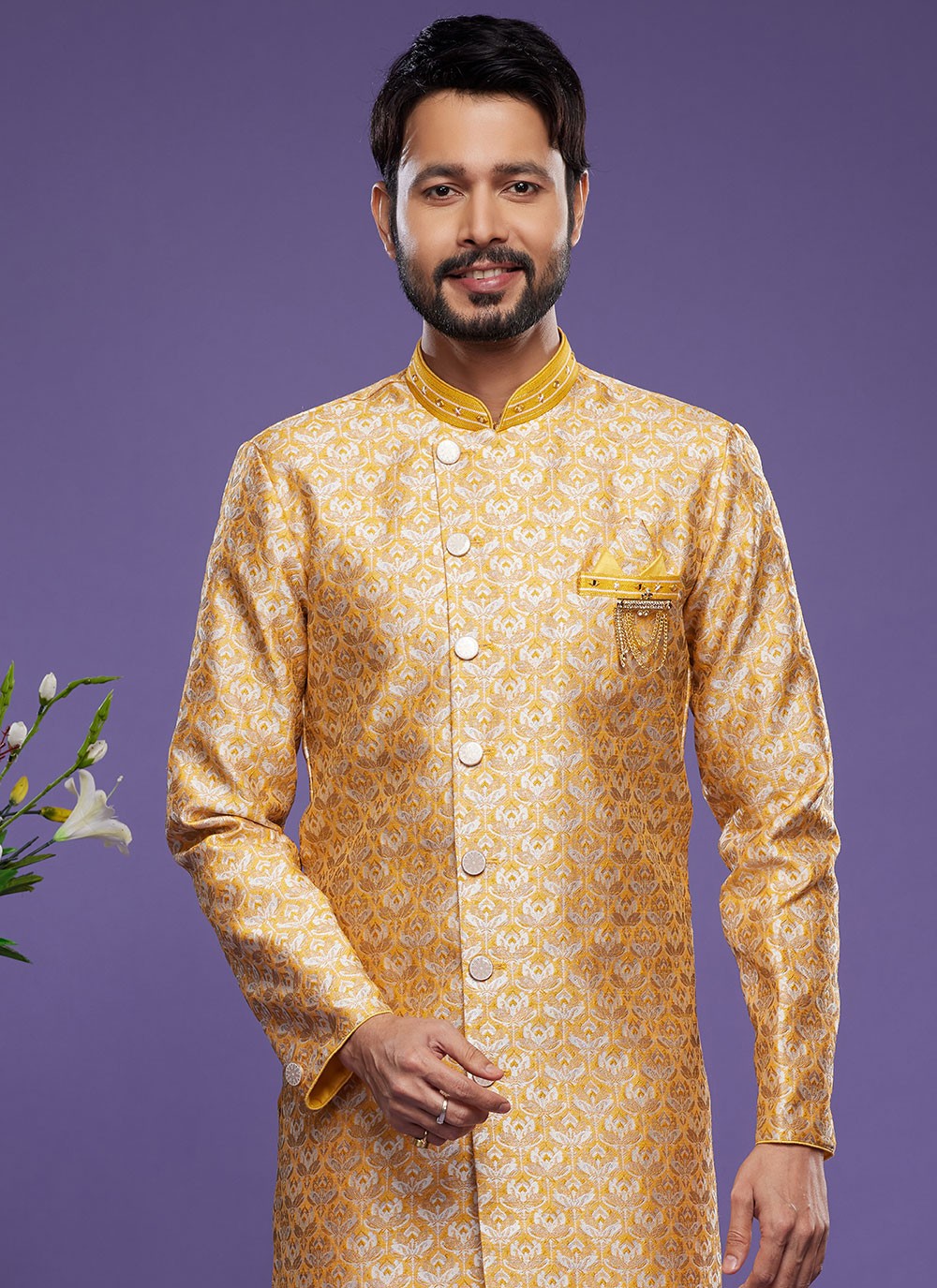 Embroidered Banarasi Jacquard Yellow Indo Western - M6007