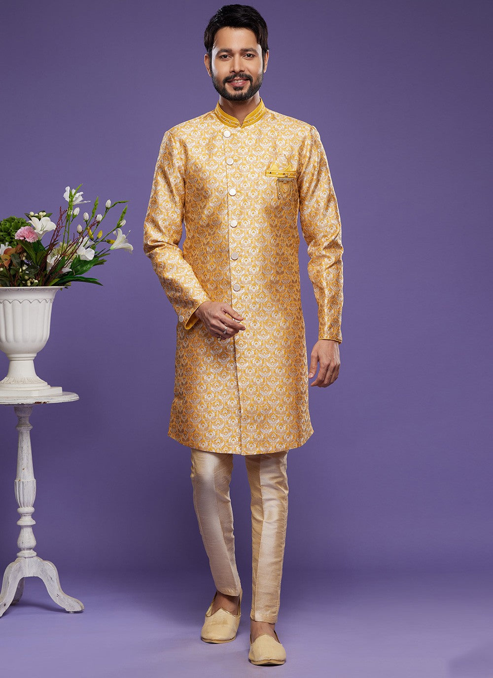 Embroidered Banarasi Jacquard Yellow Indo Western - M6007