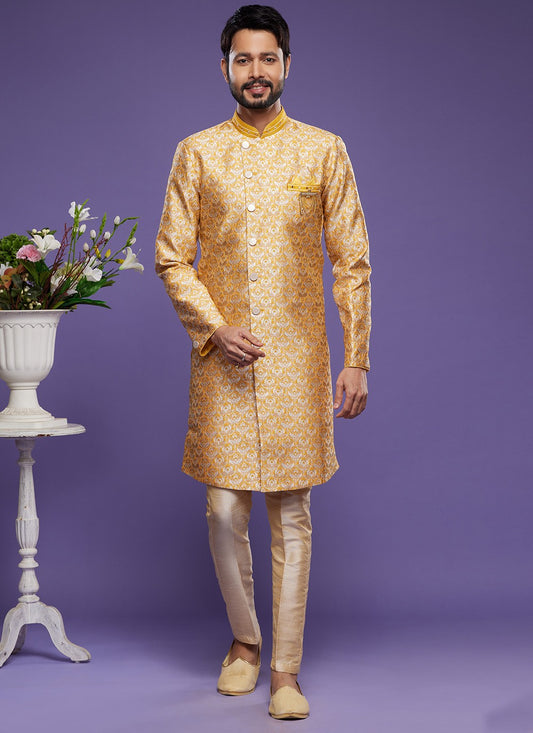 Embroidered Banarasi Jacquard Yellow Indo Western - M6007