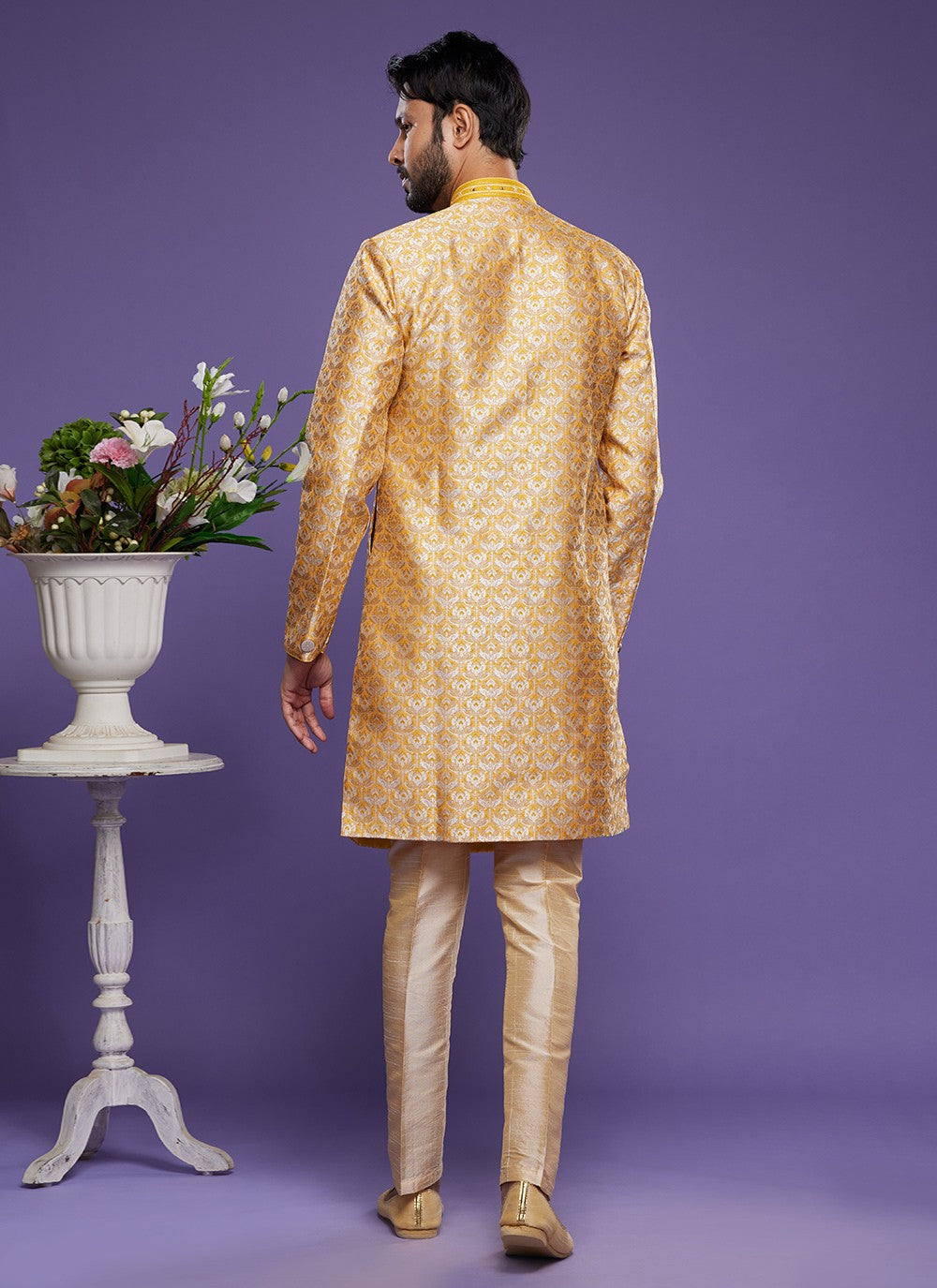Embroidered Banarasi Jacquard Yellow Indo Western - M6007