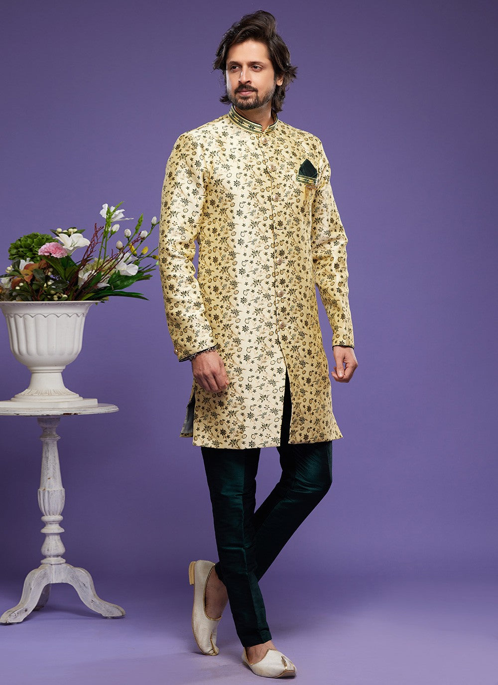 Embroidered Banarasi Jacquard Yellow Indo Western - M6010