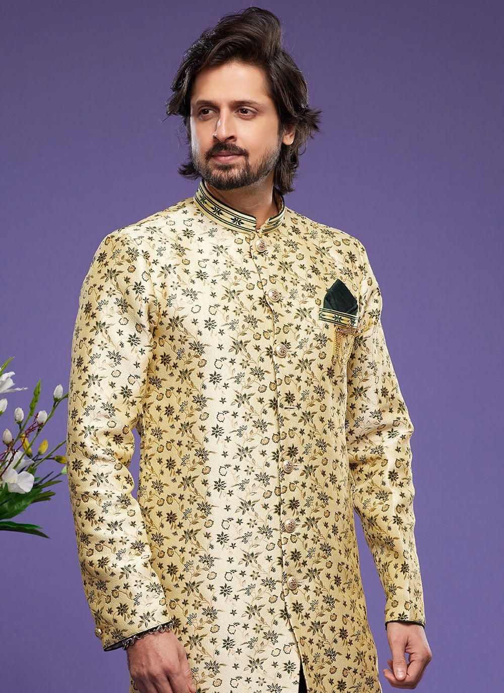 Embroidered Banarasi Jacquard Yellow Indo Western - M6010