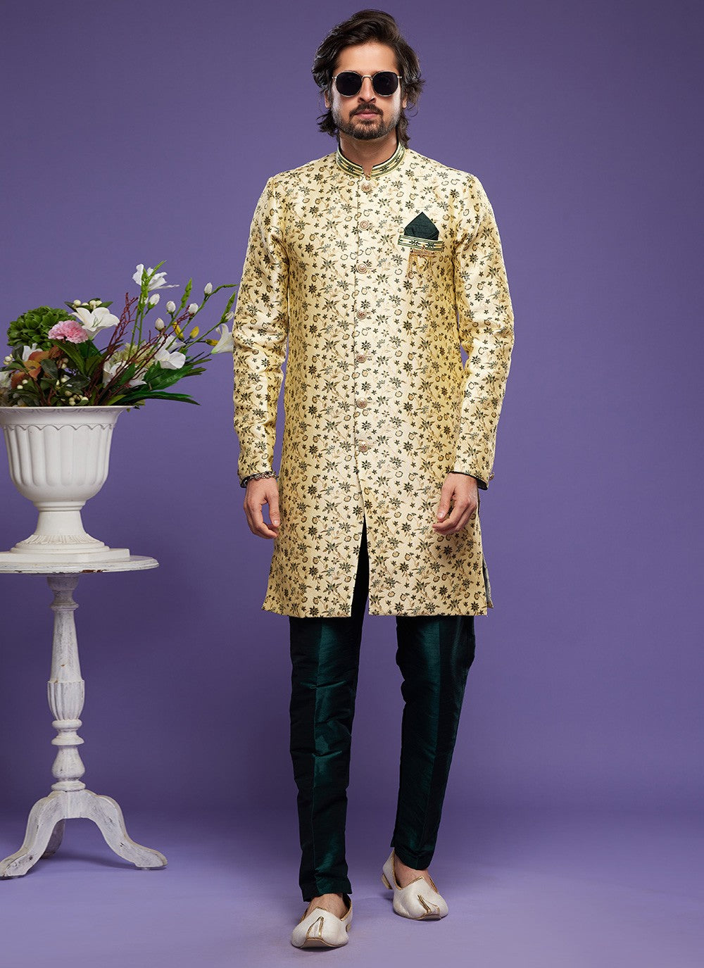 Embroidered Banarasi Jacquard Yellow Indo Western - M6010