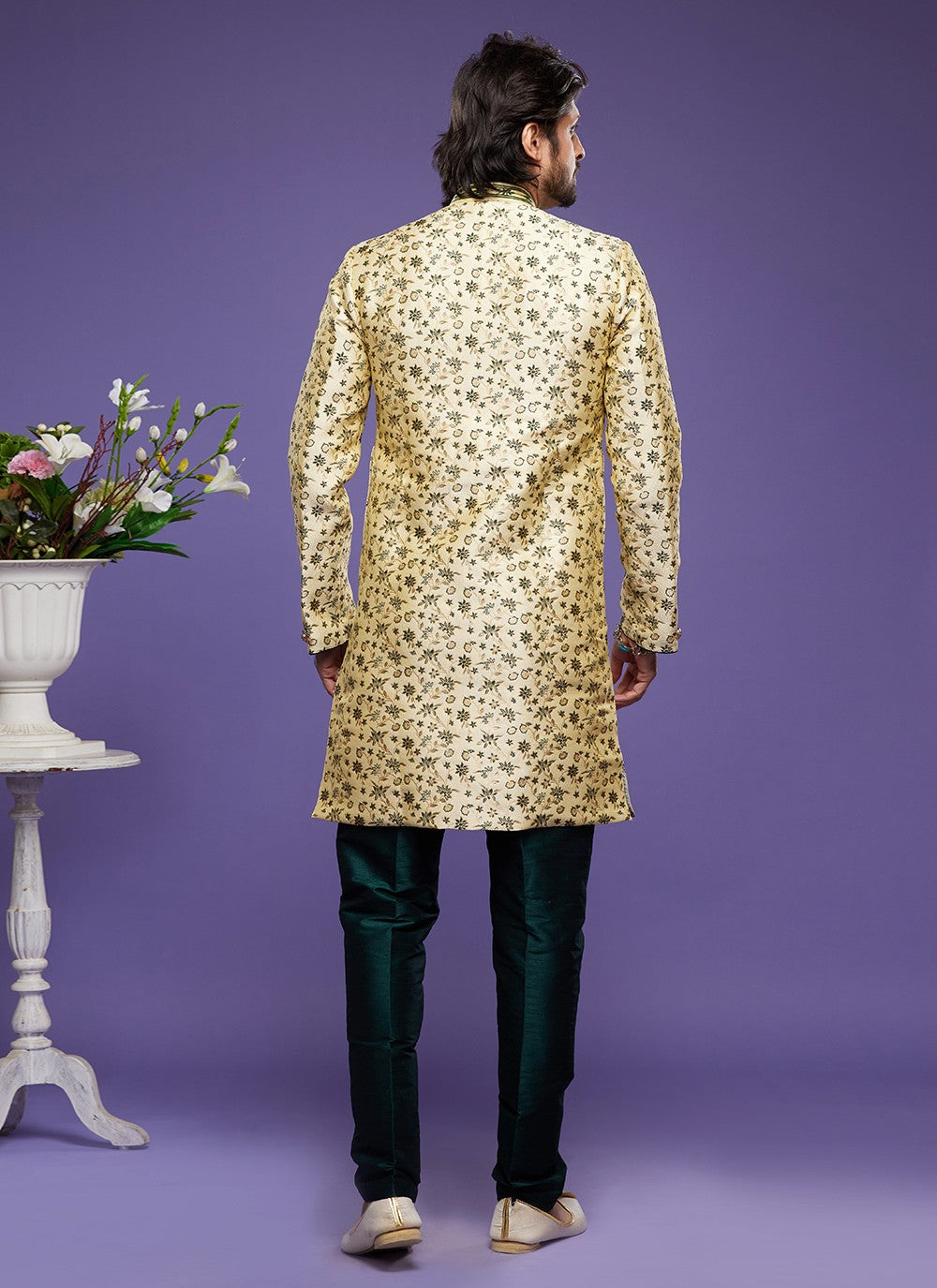 Embroidered Banarasi Jacquard Yellow Indo Western - M6010