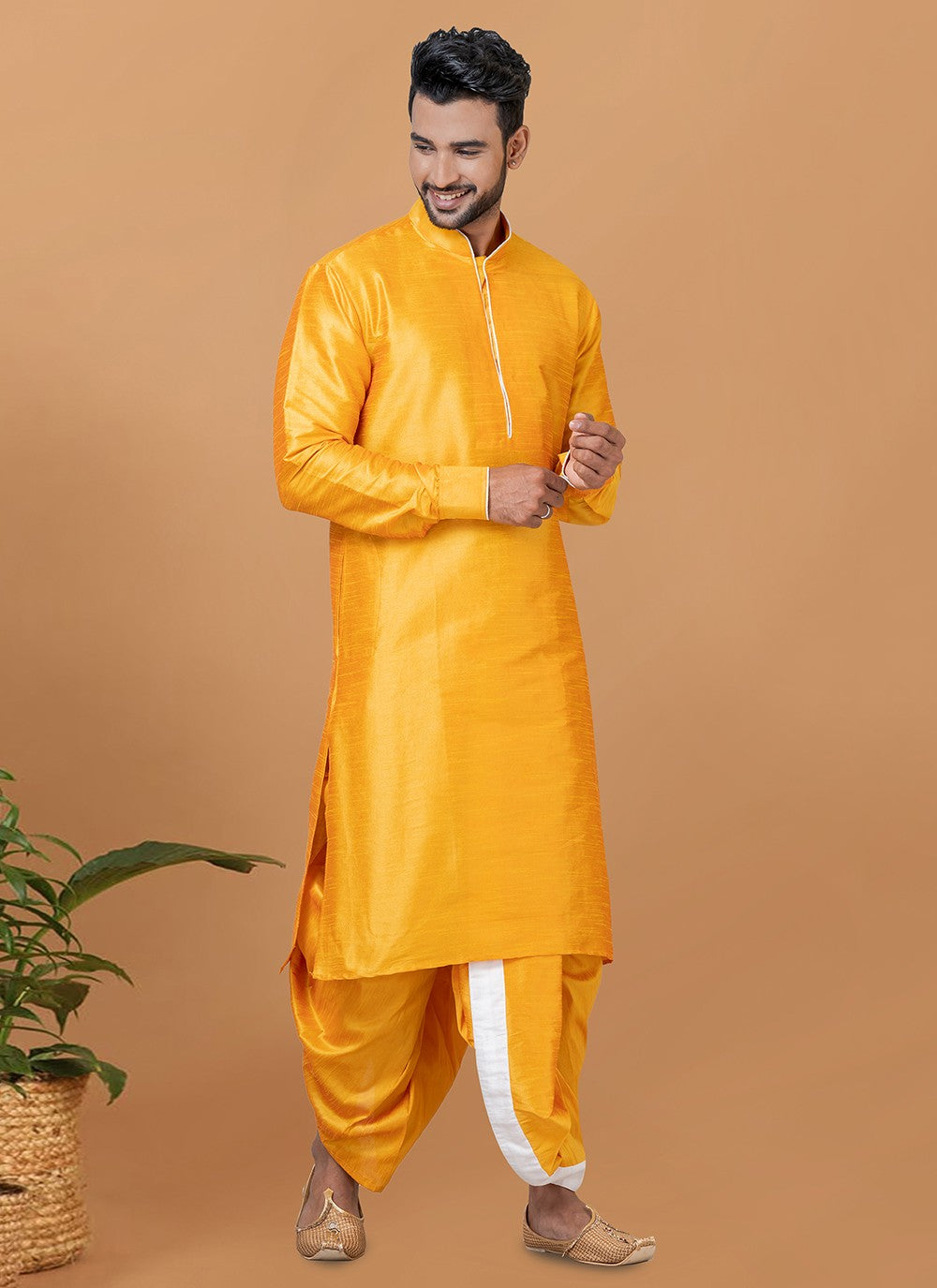 Plain Banarasi Silk Yellow Dhoti Kurta - M5947