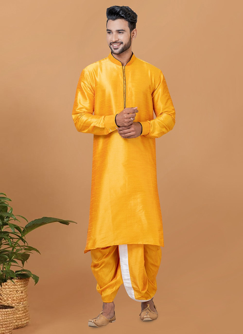 Plain Banarasi Silk Yellow Dhoti Kurta - M5947