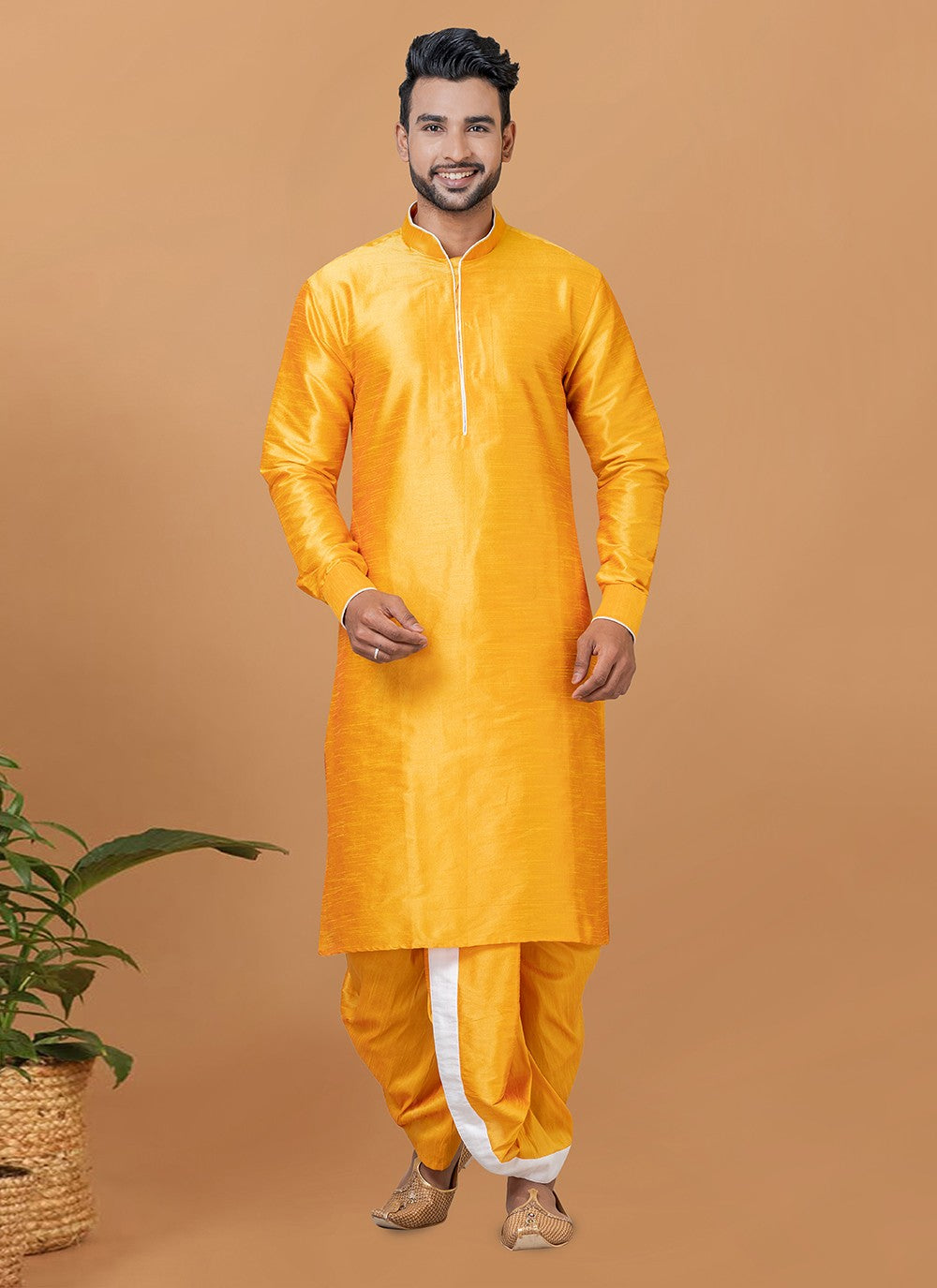 Plain Banarasi Silk Yellow Dhoti Kurta - M5947