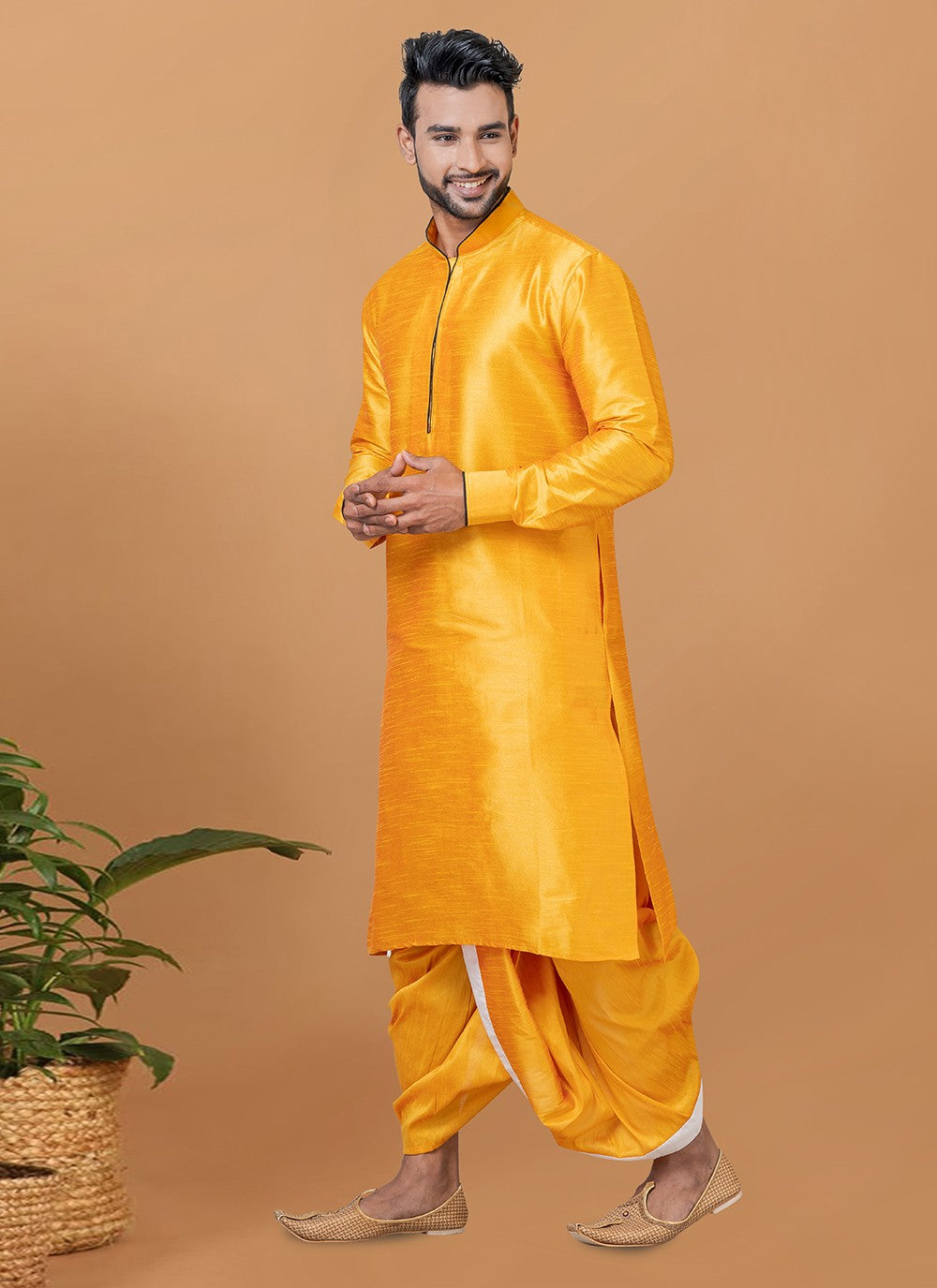 Plain Banarasi Silk Yellow Dhoti Kurta - M5947
