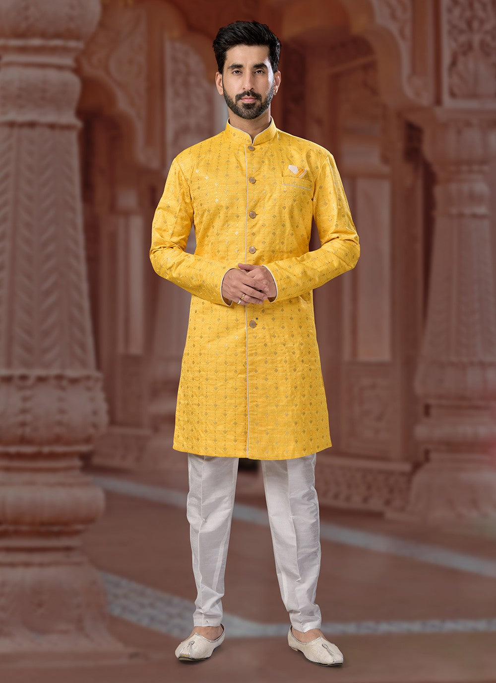 Embroidered Banglori Silk Yellow Indo Western Sherwani - M6899