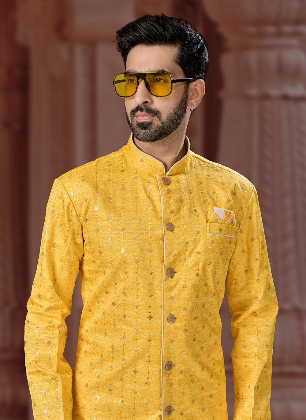 Machine Embroidery Banglori Silk Yellow Indo Western Sherwani - M7135