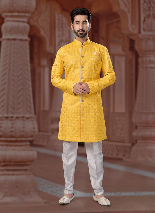 Machine Embroidery Banglori Silk Yellow Indo Western Sherwani - M7135