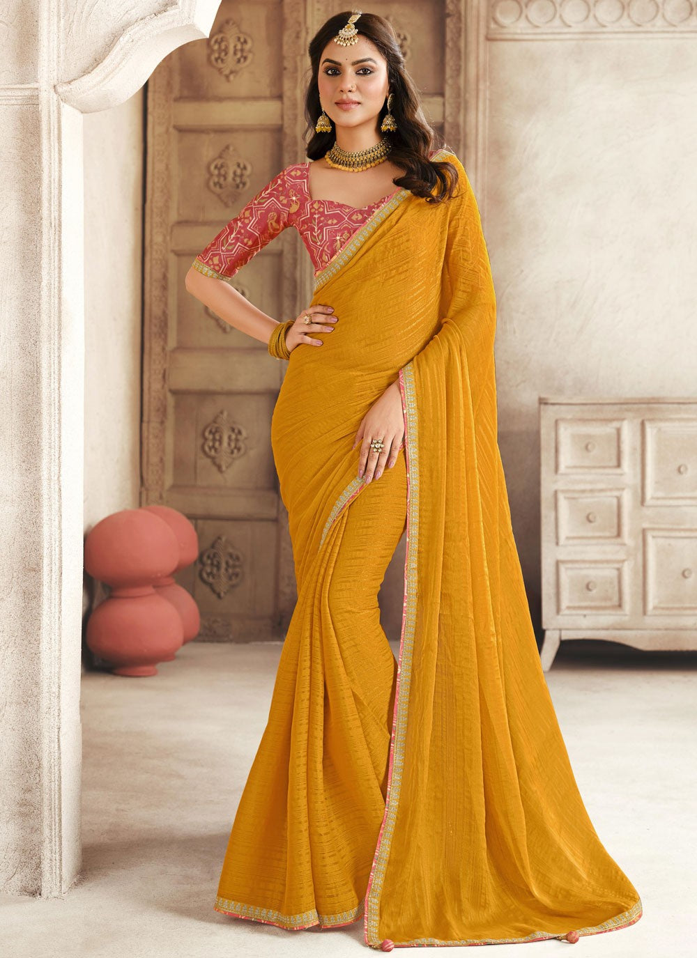 Silk Saree Border Work Yellow Silk Saree S13209
