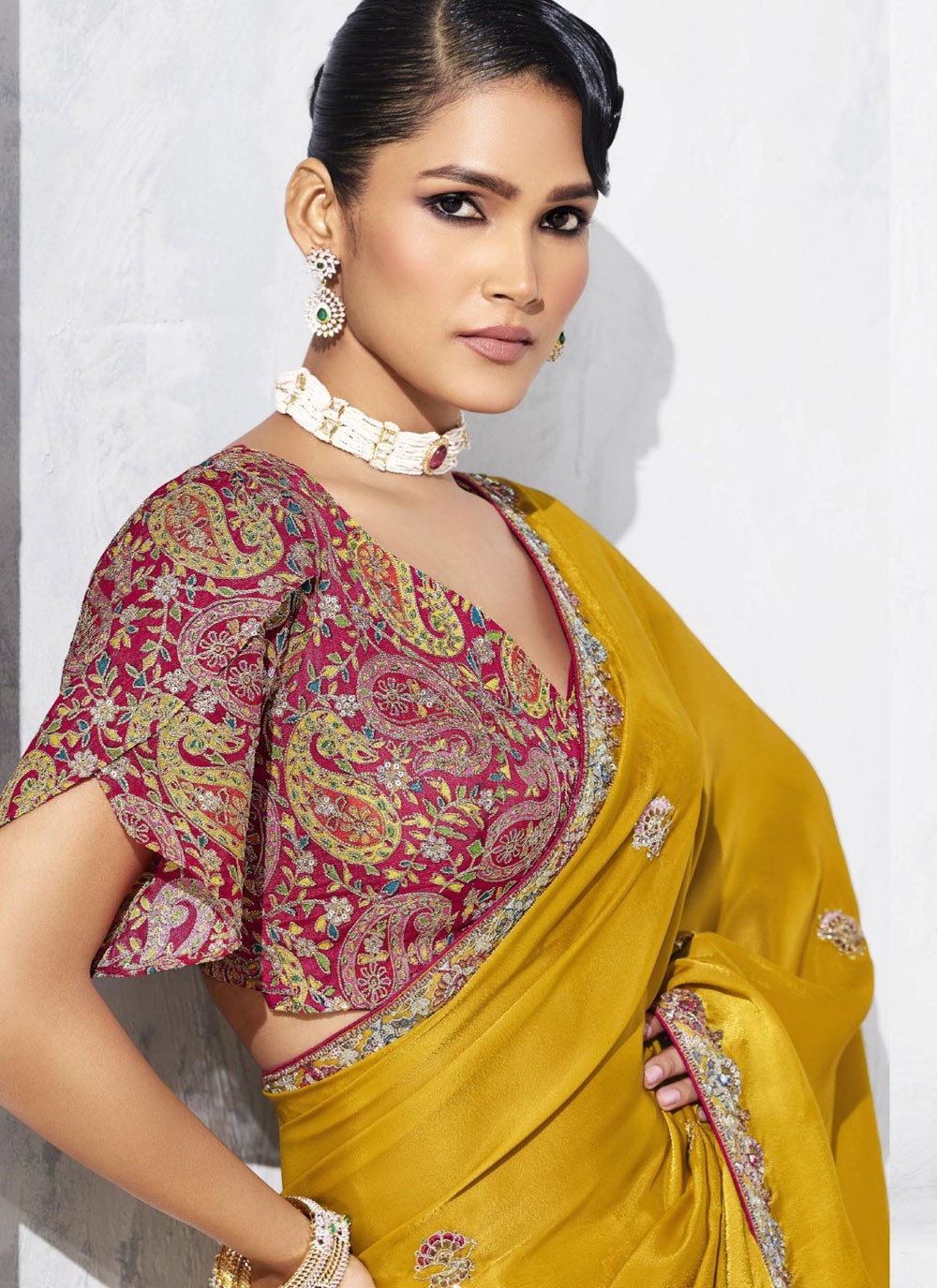 Yellow Fancy Fabric Traditional Saree Border Work, Embroidered S19804