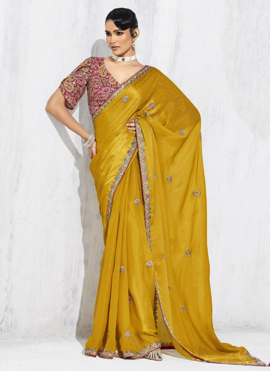 Yellow Fancy Fabric Traditional Saree Border Work, Embroidered S19804