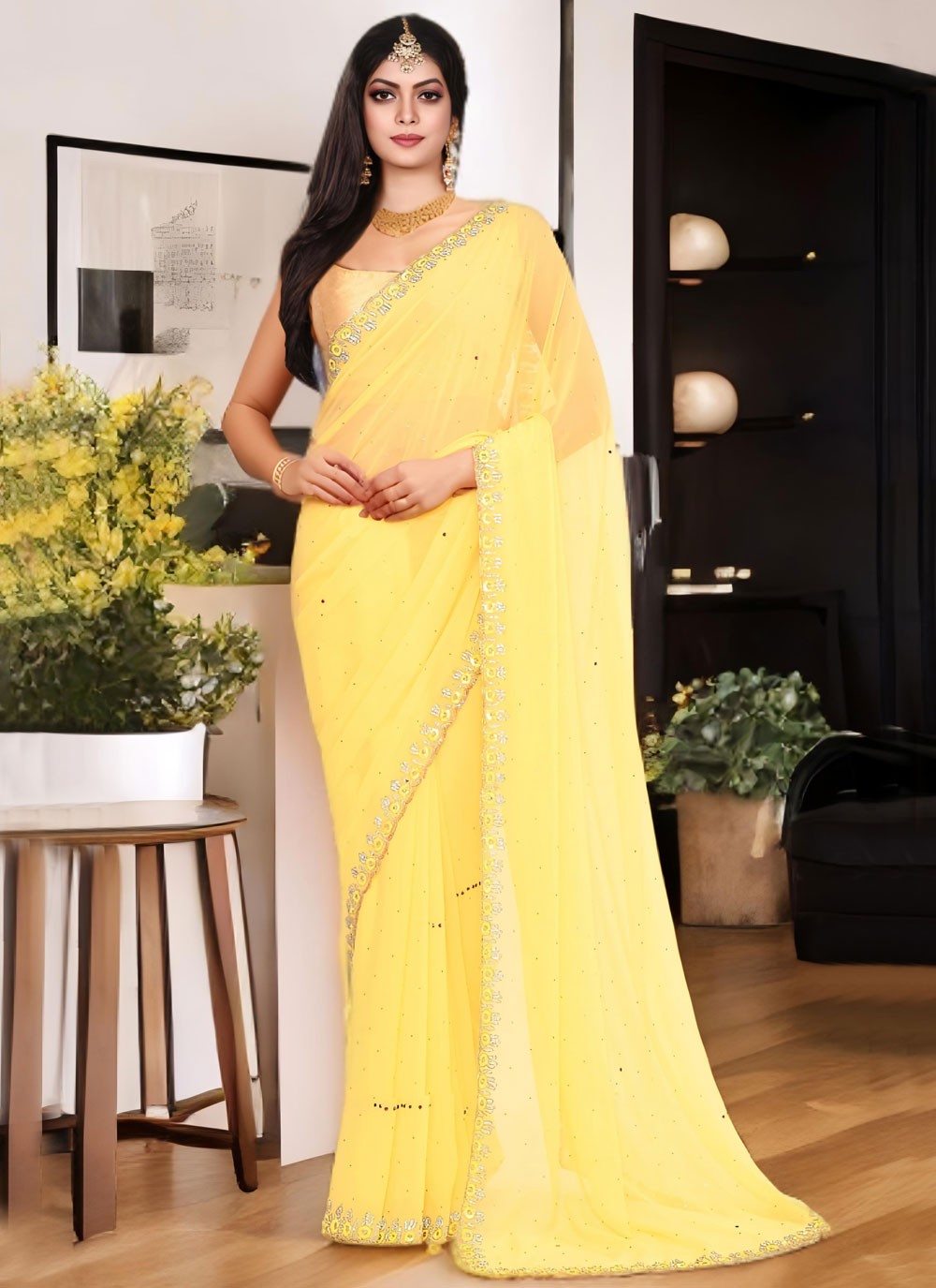 Border Work Georgette Yellow Classic Saree S15535