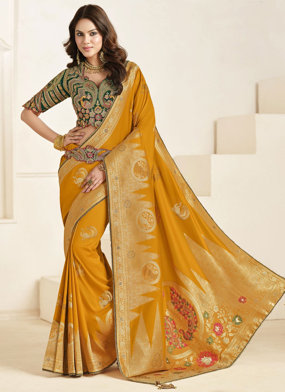 Border Work Silk Yellow Designer Saree S15454