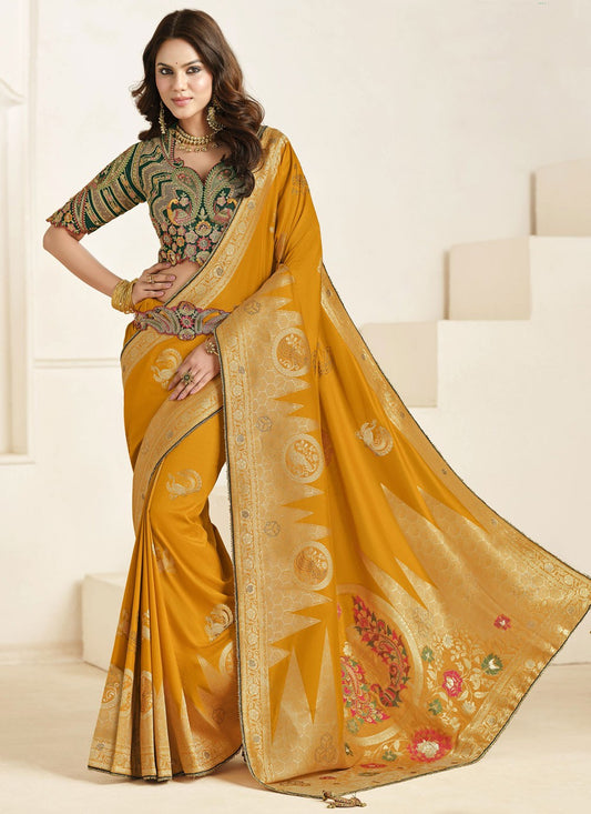 Border Work Silk Yellow Designer Saree S15454