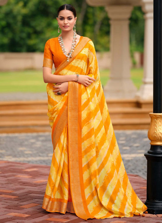 Yellow Silk Trendy Saree Border Work, Jacquard Work, Strips S17883