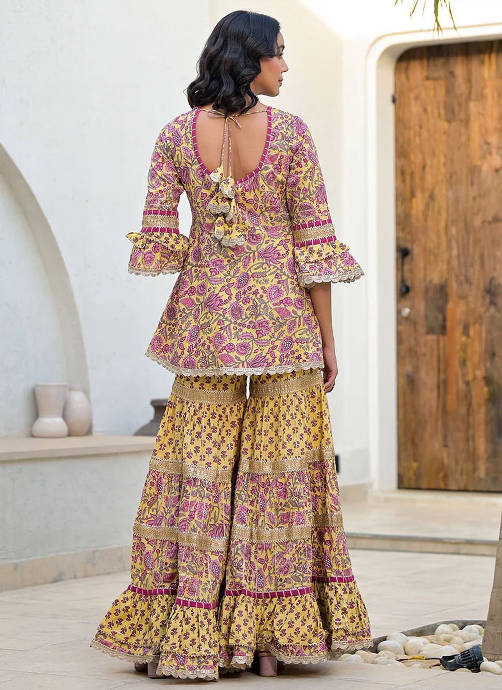 Palazzo Suit Floral Printed Yellow Cotton T5565