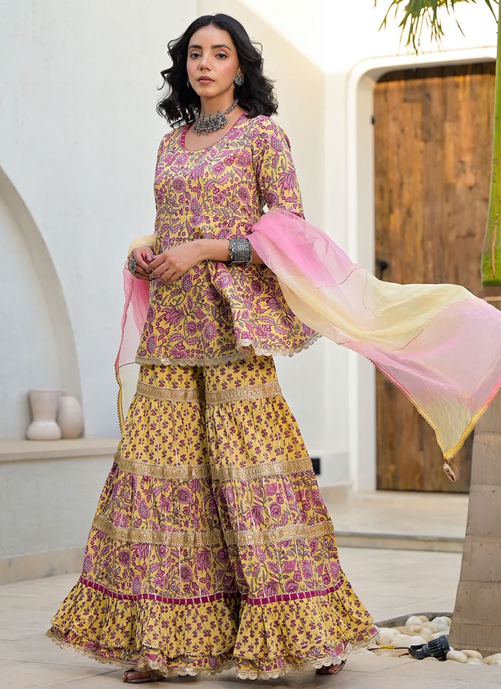 Palazzo Suit Floral Printed Yellow Cotton T5565
