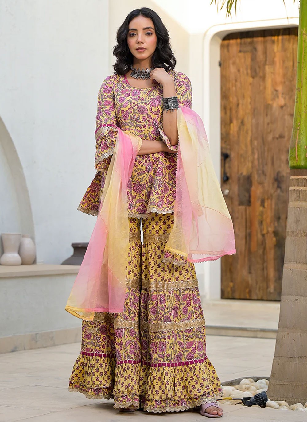 Palazzo Suit Floral Printed Yellow Cotton T5565