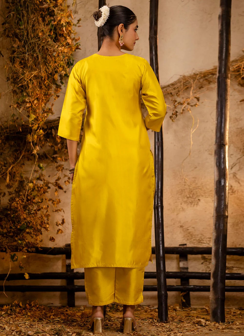 Pant Style Suit Embroidered Yellow T7030