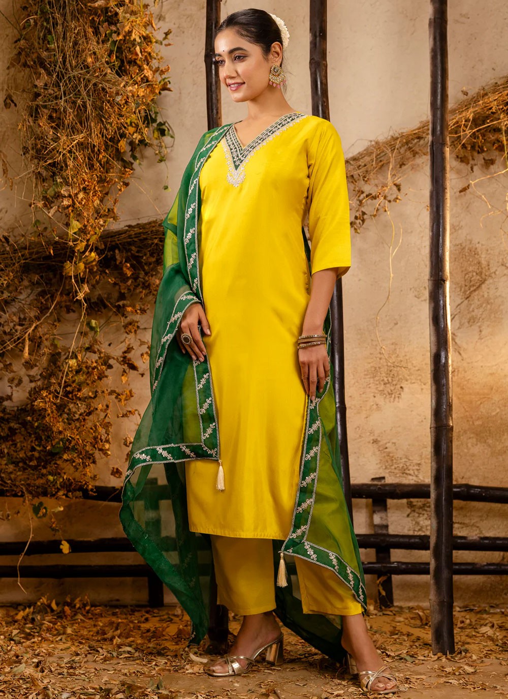 Pant Style Suit Embroidered Yellow T7030