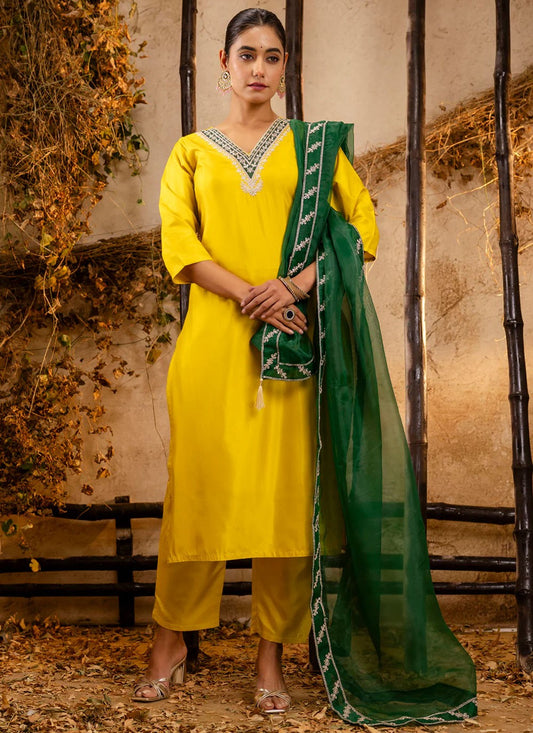 Pant Style Suit Embroidered Yellow T7030