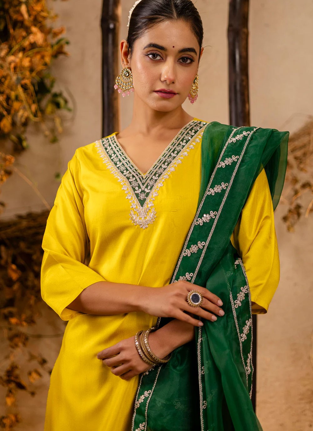 Pant Style Suit Embroidered Yellow T7030