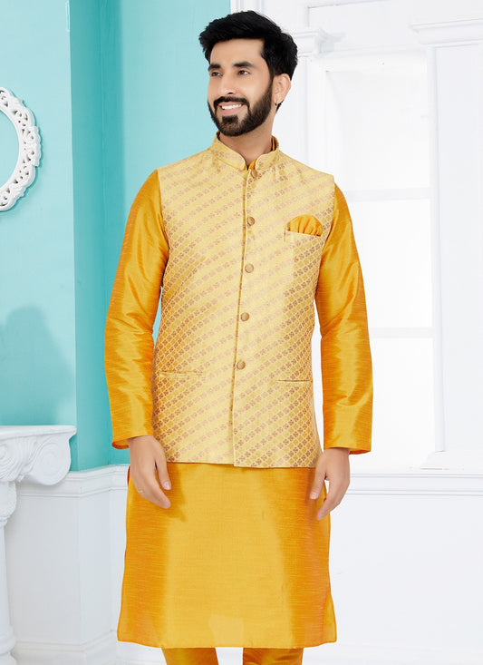 Fancy Work Jacquard Yellow Nehru Jackets - M7505