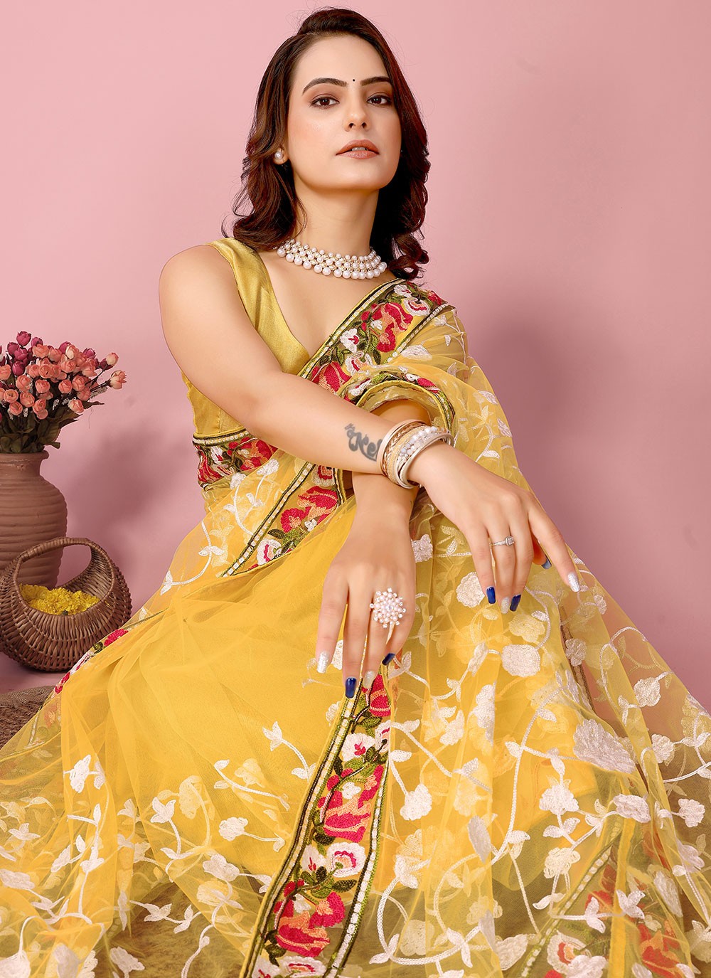 Classic Embroidered Net Saree - S6732