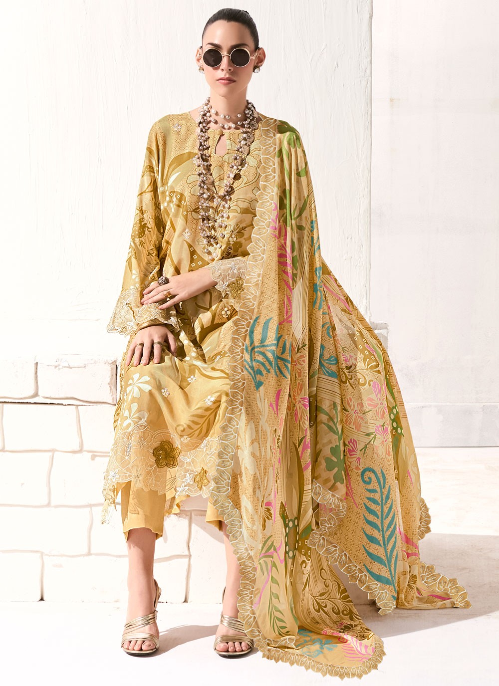 Pant Style Suit Digital Print, Embroidered, Patch, Resham Yellow T7907