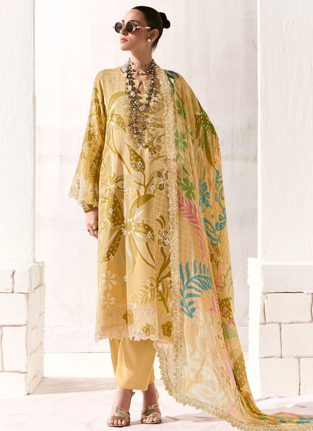 Pant Style Suit Digital Print, Embroidered, Patch, Resham Yellow T7907