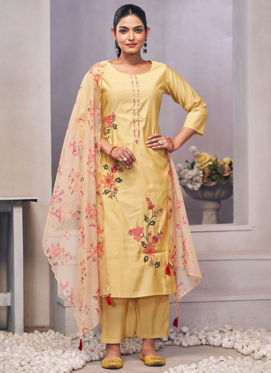 Salwar Suit Embroidered Yellow Silk T5157