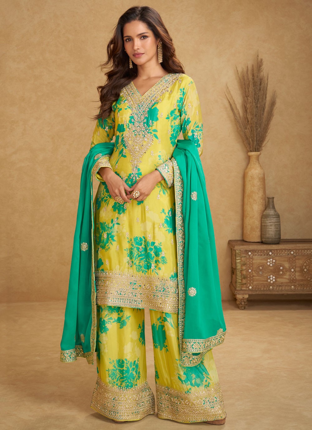 Palazzo Suit Digital Print, Embroidered, Mirror, Sequins, Zari Yellow T8014