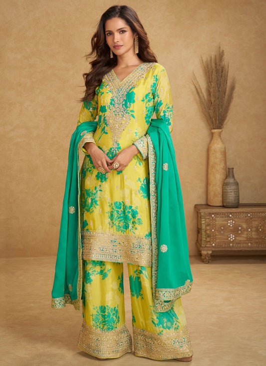 Palazzo Suit Digital Print, Embroidered, Mirror, Sequins, Zari Yellow T8014