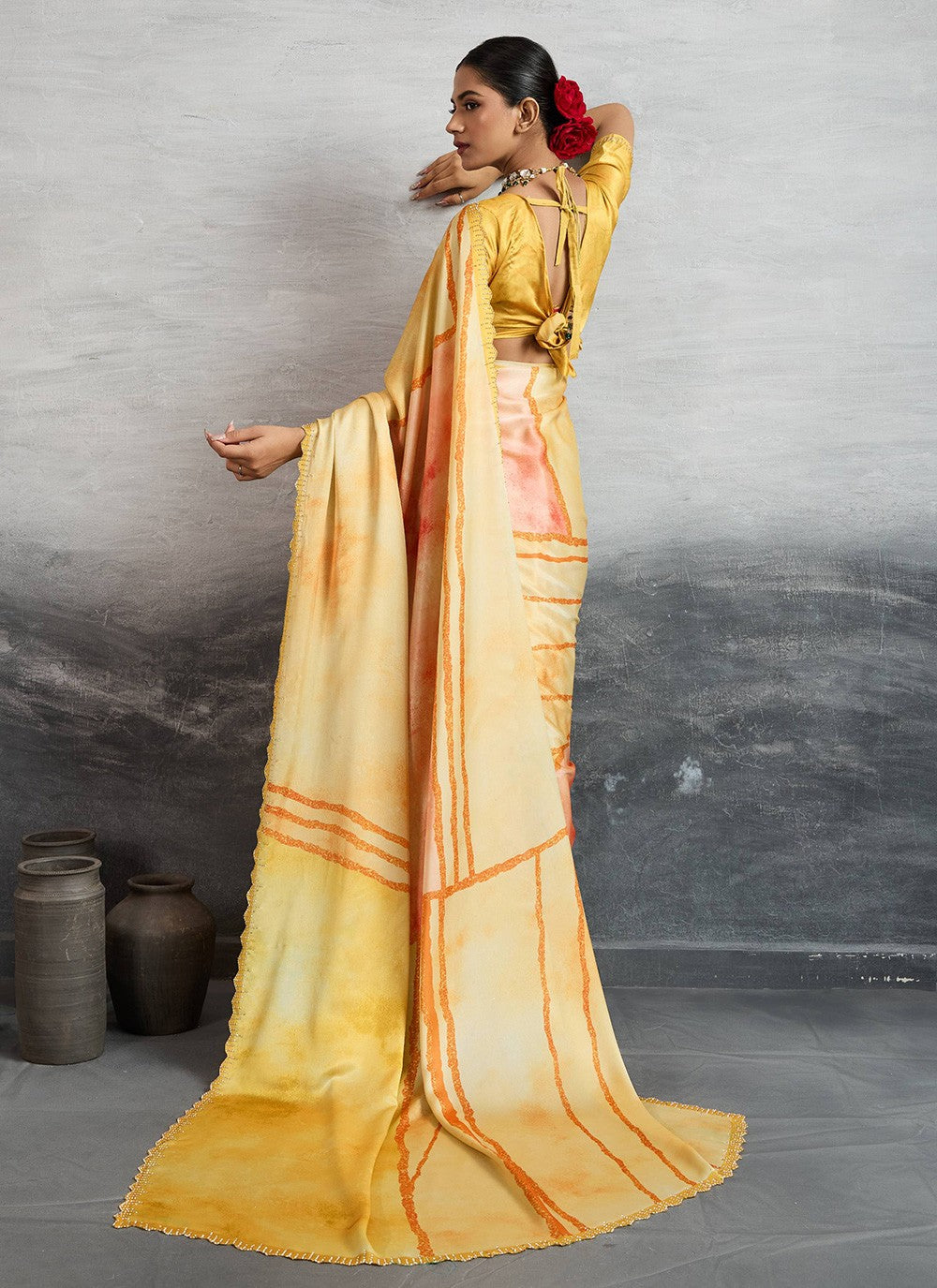 Yellow Satin Silk Classic Saree Digital Print S18248