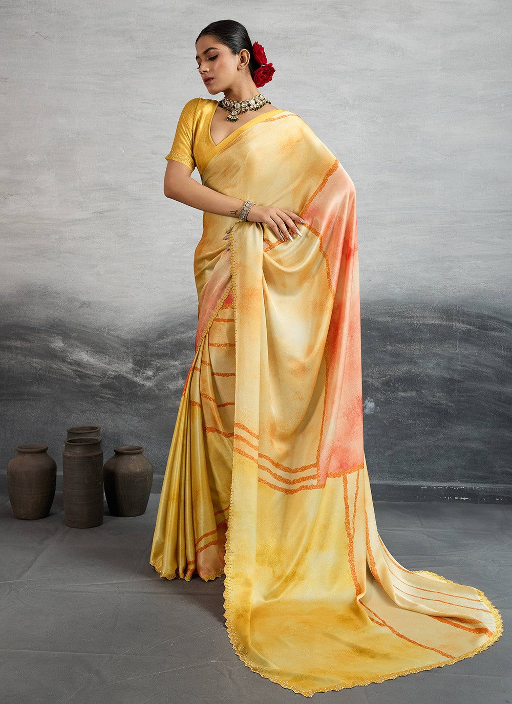 Yellow Satin Silk Classic Saree Digital Print S18248