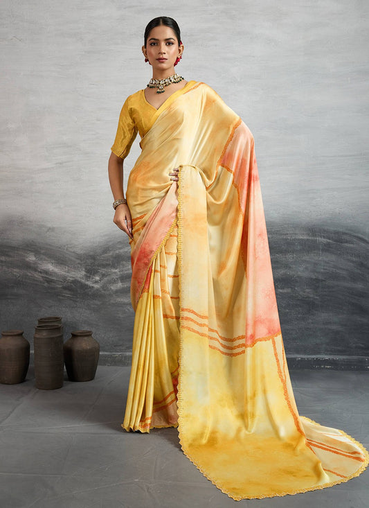 Yellow Satin Silk Classic Saree Digital Print S18248
