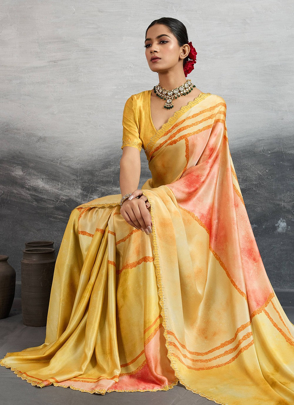 Yellow Satin Silk Classic Saree Digital Print S18248