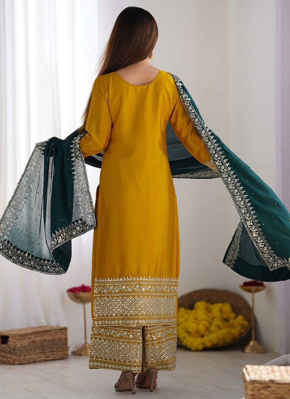 Sequins Chinon Yellow Salwar Suit T6482