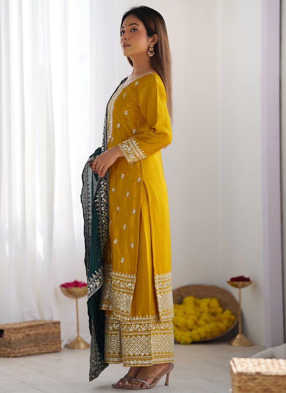 Sequins Chinon Yellow Salwar Suit T6482