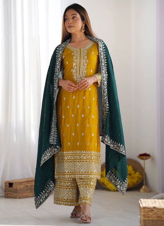 Sequins Chinon Yellow Salwar Suit T6482