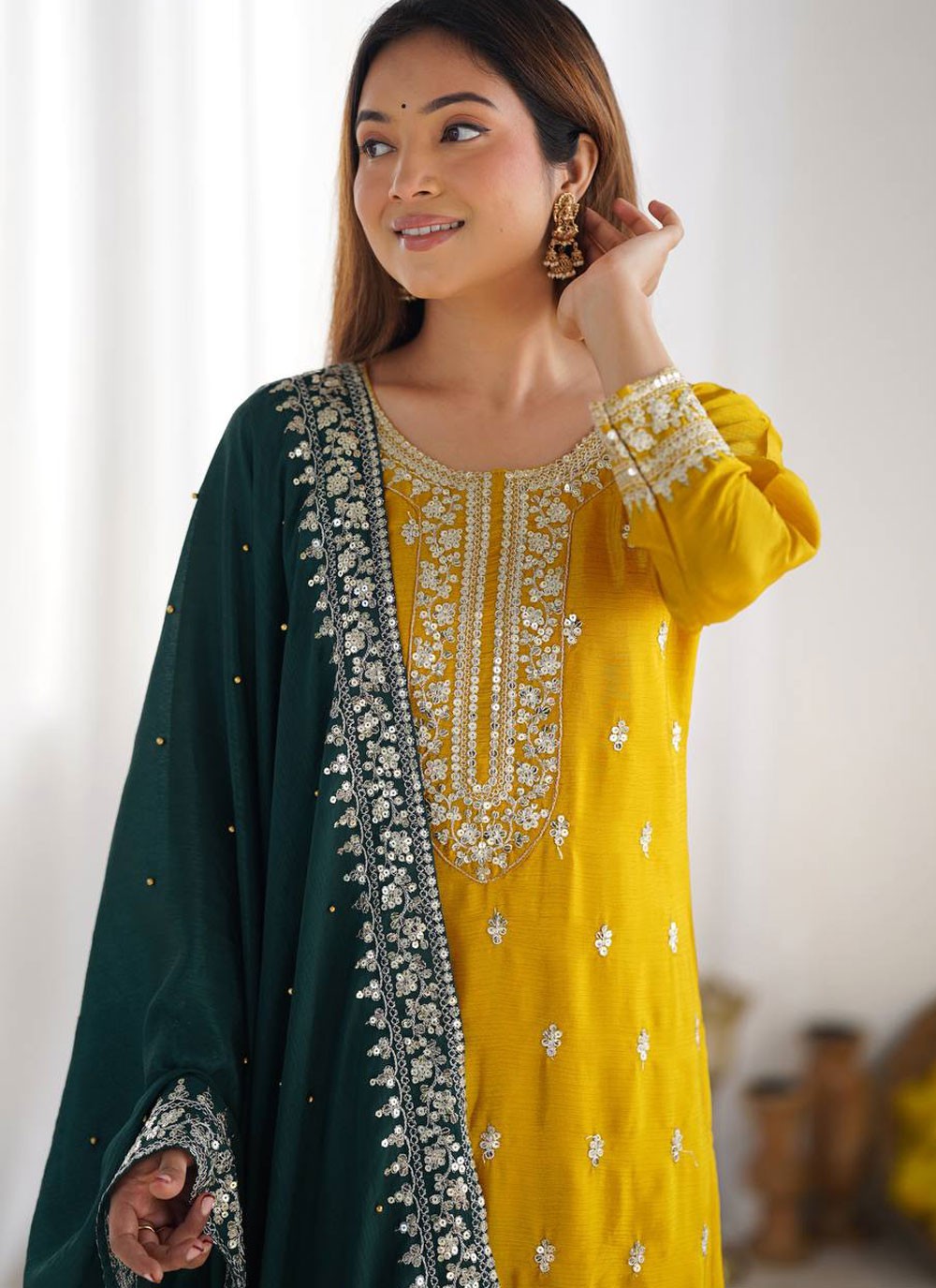 Sequins Chinon Yellow Salwar Suit T6482