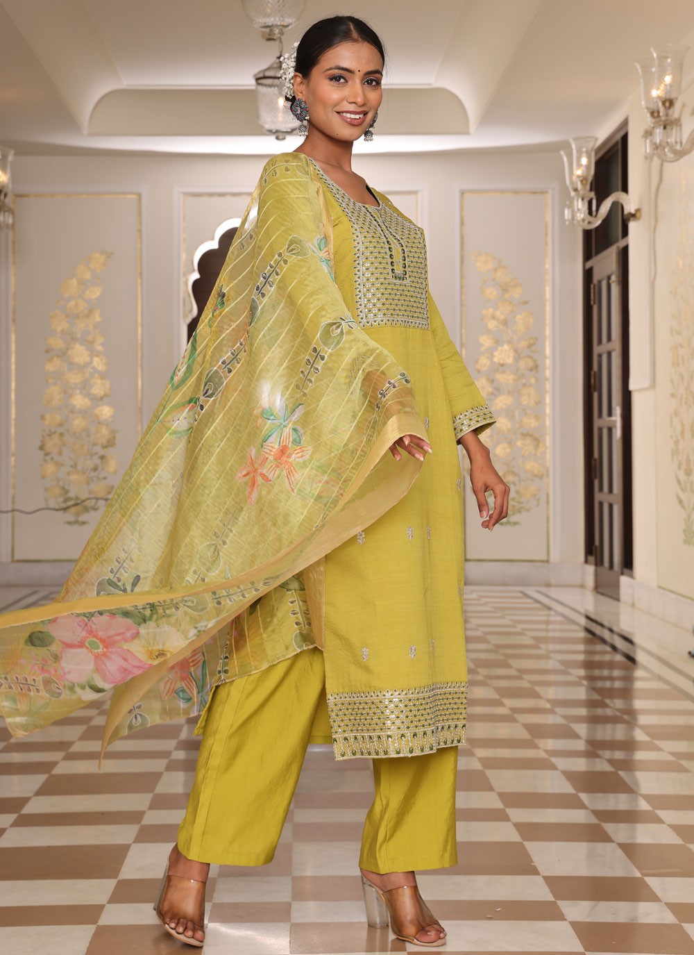 Salwar Suit Embroidered Yellow Cotton Silk T5667