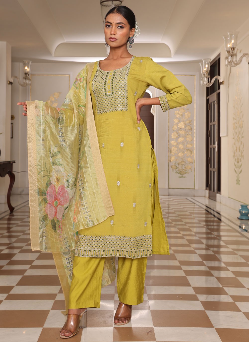 Salwar Suit Embroidered Yellow Cotton Silk T5667
