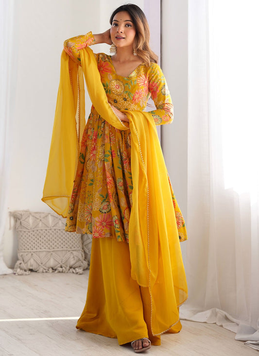 Floral Printed Chanderi Silk Yellow Anarkali T6164