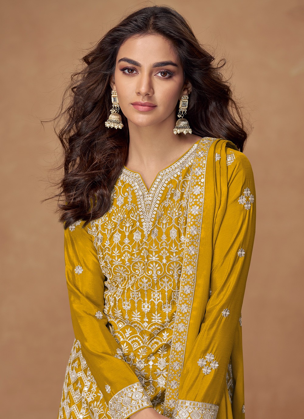 Sharara Suit Embroidered, Zari Yellow T8061