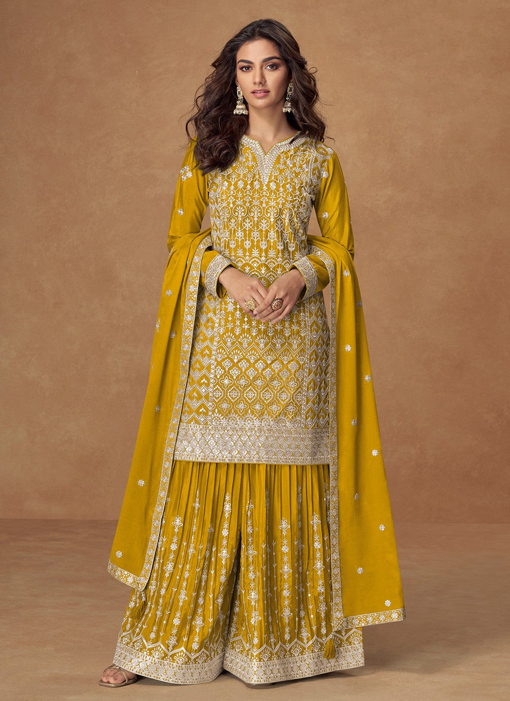 Sharara Suit Embroidered, Zari Yellow T8061