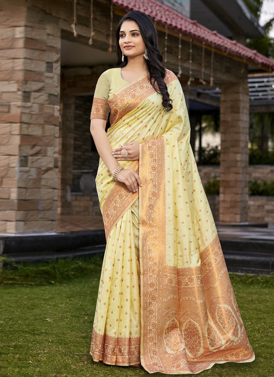 Weaving Zari Silk Yellow Saree S14559